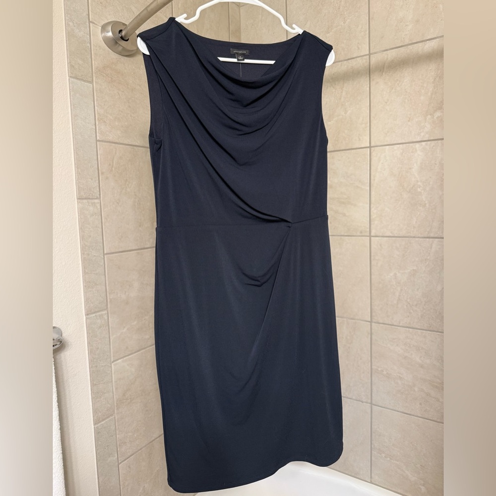 NWT Ann Taylor navy blue dress with side gathering and draped neckline, size 8